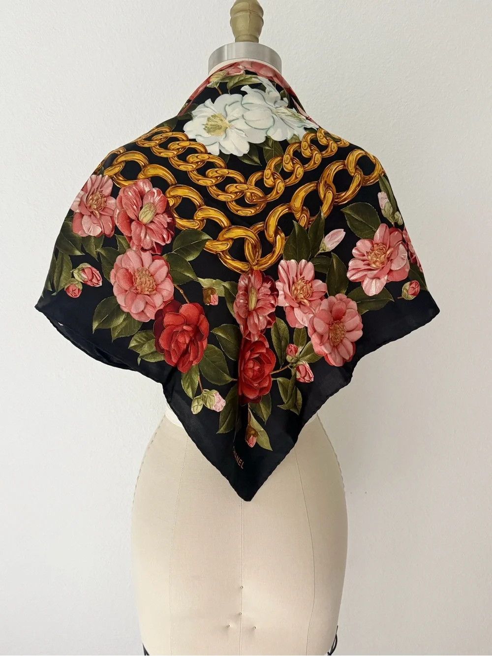 Vintage CHANEL Silk Scarf Camellia Gold Chain Print Made in Italy 33” Square